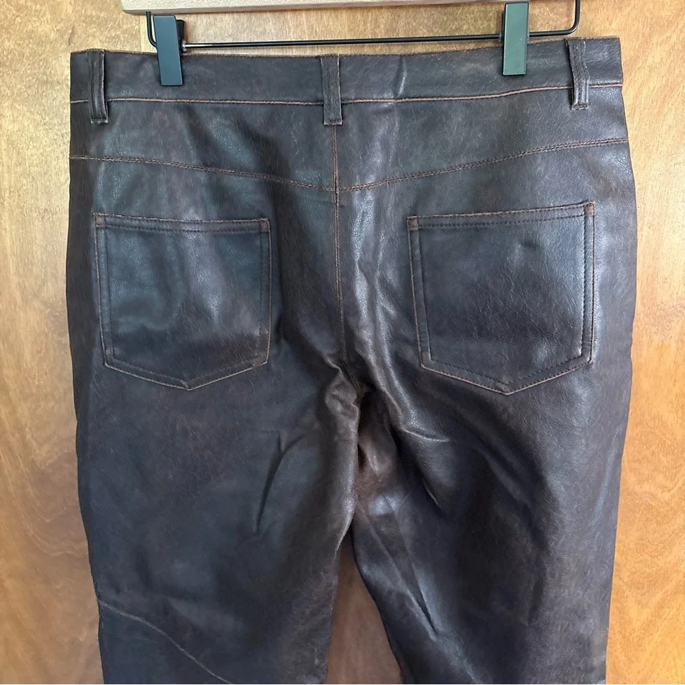 VINTAGE Chocolate Brown Patchwork Low Rise Faux Leather Flare Pants Y2K Goth 90s - Picture 4 of 16